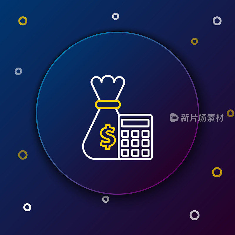 White and yellow line Calculator with money bag icon on dark blue background. Accounting sign. Calculate finance symbol. Colorful outline concept. Vector Illustration